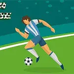 青いユニフォームを着たサッカー選手が緑色のフィールドでボールを追いかけているイラスト。