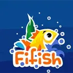 青い背景に明るいオレンジ色の魚と「Fifish」という文字。