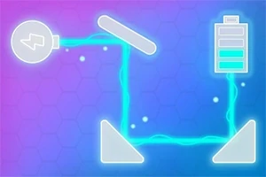 青い背景に白い電球、電池、発光するラインが描かれたイラスト。