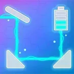 青い背景に白い電球、電池、発光するラインが描かれたイラスト。