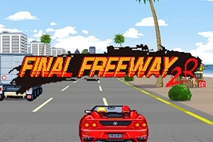 赤いスポーツカーが海沿いの高速道路を走行しているピクセルアートのシーン。