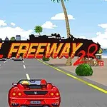 赤いスポーツカーが海沿いの高速道路を走行しているピクセルアートのシーン。
