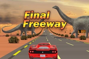 赤いスポーツカーが長い道路を走り、両側に巨大な恐竜がいる風景。