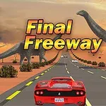 赤いスポーツカーが長い道路を走り、両側に巨大な恐竜がいる風景。