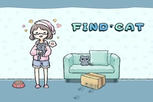 女の子が猫を抱きしめ、後ろのソファにもう一匹の猫とダンボール箱がある、かわいらしいイラスト。