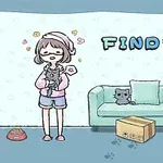 女の子が猫を抱きしめ、後ろのソファにもう一匹の猫とダンボール箱がある、かわいらしいイラスト。