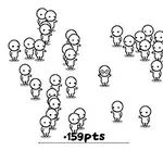 多数のシンプルで丸みを帯びたキャラクターが白い背景に集まり、中央に「159pts」と表示されています。