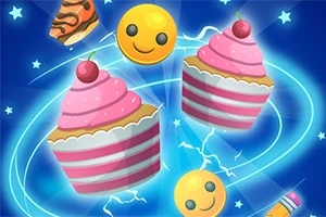 笑顔の絵文字とストライプ模様のカップケーキが青い背景に浮かんでいるイラスト。