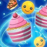 笑顔の絵文字とストライプ模様のカップケーキが青い背景に浮かんでいるイラスト。