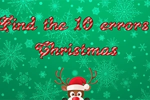 緑の背景に白い雪の結晶があり、中央にクリスマス風の字体で「Find the 10 errors Christmas」と書かれている。