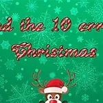緑の背景に白い雪の結晶があり、中央にクリスマス風の字体で「Find the 10 errors Christmas」と書かれている。