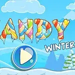 カラフルなキャンディ風の文字で「CANDY WINTER」と書かれた冬の背景に再生ボタン。