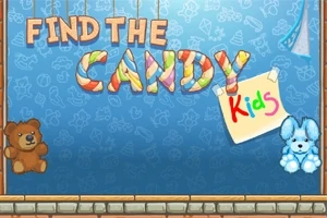 青い背景にカラフルな文字で「FIND THE CANDY」と書かれ、横にテディベアと青いウサギのぬいぐるみが描かれている。