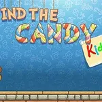 青い背景にカラフルな文字で「FIND THE CANDY」と書かれ、横にテディベアと青いウサギのぬいぐるみが描かれている。
