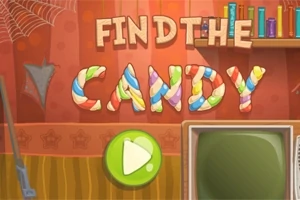 カラフルな文字で「FIND THE CANDY」と書かれた赤い背景に、緑の再生ボタンとテレビモニターがある画像。
