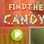 カラフルな文字で「FIND THE CANDY」と書かれた赤い背景に、緑の再生ボタンとテレビモニターがある画像。