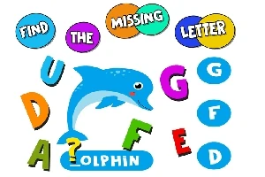 青いイルカとカラフルな文字が配置されているパズル画像。