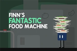 緑とグレーの背景に、左側にテキストがあり、右側に重ねられた複数の皿を持つキャラクターが描かれているイラスト。