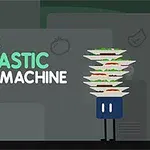 緑とグレーの背景に、左側にテキストがあり、右側に重ねられた複数の皿を持つキャラクターが描かれているイラスト。