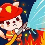 消防士の服を着たかわいい動物がホースで火を消しているイラスト。