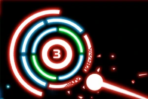 黒い背景に、中央に赤、青、緑の輪で構成されたターゲットのようなデザインがあり、数字「3」と白い球体が表示されています。