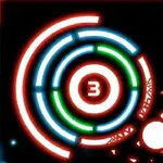 黒い背景に、中央に赤、青、緑の輪で構成されたターゲットのようなデザインがあり、数字「3」と白い球体が表示されています。