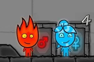 赤い炎のキャラクターと青い水のキャラクターが、性別を示す記号が描かれたドアの前に並んでいる。