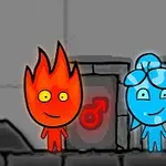 赤い炎のキャラクターと青い水のキャラクターが、性別を示す記号が描かれたドアの前に並んでいる。