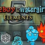 5の数字の下に「FIREBOY & WATERGIRL ELEMENTS」と書かれた文字と、両脇に赤い炎のキャラクターと青い水のキャラクターがいる。