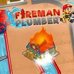 消防士のキャラクターがホースを使って燃えている建物に水をかけているイラスト。