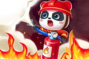消防士の格好をしたパンダが消火器を使って火を消しているイラスト。