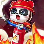 消防士の格好をしたパンダが消火器を使って火を消しているイラスト。