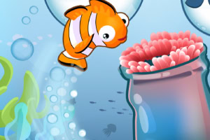 オレンジ色の魚がサンゴの隣で泡の中を泳ぐイラスト。