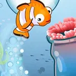 オレンジ色の魚がサンゴの隣で泡の中を泳ぐイラスト。