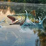 湖面で大きな魚が小さな魚を追いかけている様子。