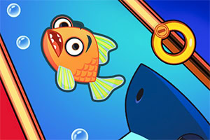 カラフルな魚と泡が描かれた、水色の背景のイラスト。