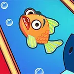 カラフルな魚と泡が描かれた、水色の背景のイラスト。