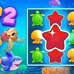 海の神様、カメ、サメ、ウミガメが描かれたカラフルなスロットゲームの画面。