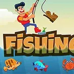 釣りをするキャラクターと魚、カニが描かれたイラスト。