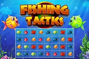 色とりどりの魚と「FISHING TACTICS」の文字が描かれた海中のグリッド状のイラスト。