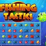 色とりどりの魚と「FISHING TACTICS」の文字が描かれた海中のグリッド状のイラスト。