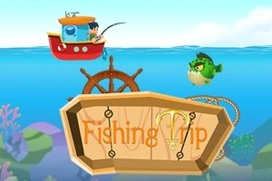 赤いボートで釣りをする人物と緑色の魚、木製の看板に「Fishing Trip」の文字。