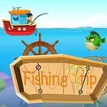 赤いボートで釣りをする人物と緑色の魚、木製の看板に「Fishing Trip」の文字。