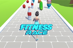 コンクリートの道を走る女性とその前方に並んだ食品アイテムが描かれており、「FITNESS RACE」と書かれている。