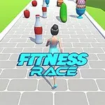 コンクリートの道を走る女性とその前方に並んだ食品アイテムが描かれており、「FITNESS RACE」と書かれている。