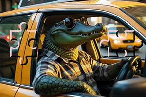 サングラスをかけたワニがタクシーを運転している。