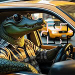サングラスをかけたワニがタクシーを運転している。