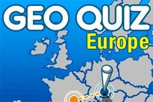 青い背景に地図と「GEO QUIZ Europe」と書かれたテキスト。