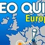 青い背景に地図と「GEO QUIZ Europe」と書かれたテキスト。