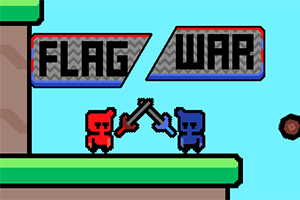2体のカラフルなキャラクターが剣を交差させ、背景に「FLAG WAR」と書かれた看板があるシンプルなピクセルアートのイラスト。